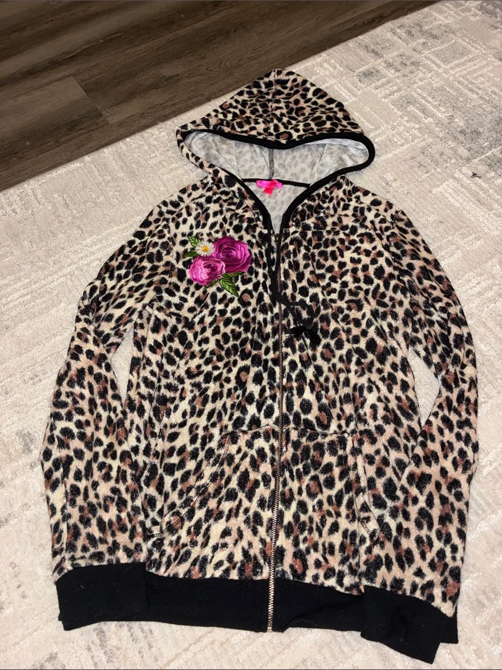 Betsey Johnson Leopard Print Hooded Zip Jacket with Pink Floral Applique Y2K
